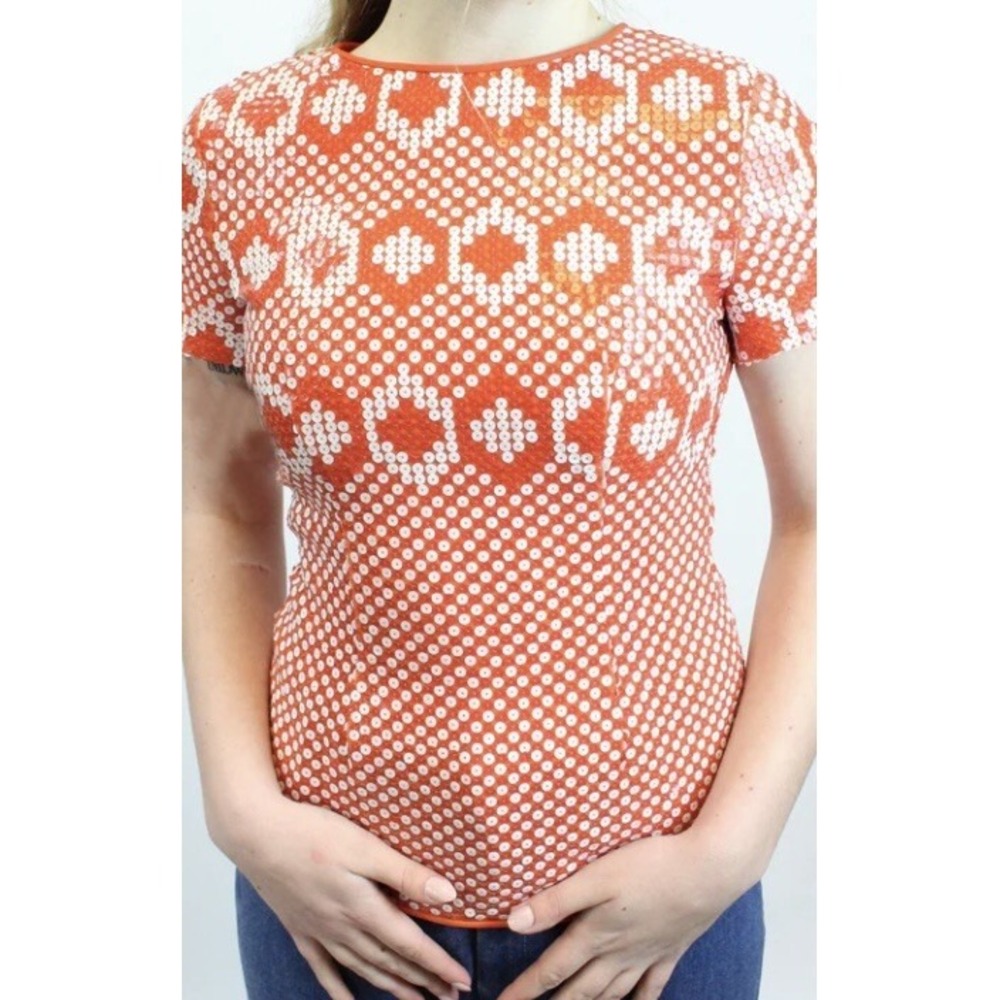 Vintage  Pierre Cardin 1960s Orange & White Sequin Geometric Silk Op Art Mod Top - Picture 6 of 9